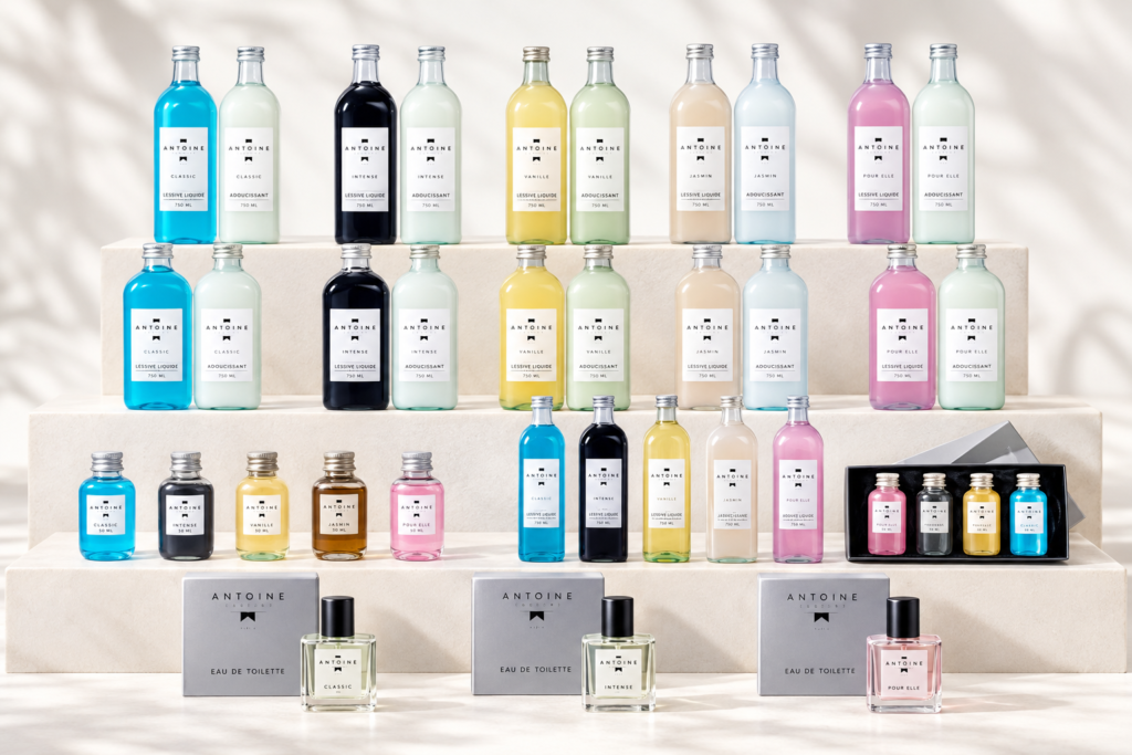 ANTOINE skalbikliai ir kūno kvepalai: „Classic“, „Intense“, „Vanille“, „Jasmin“ ir „Pour Elle“ produktai.
